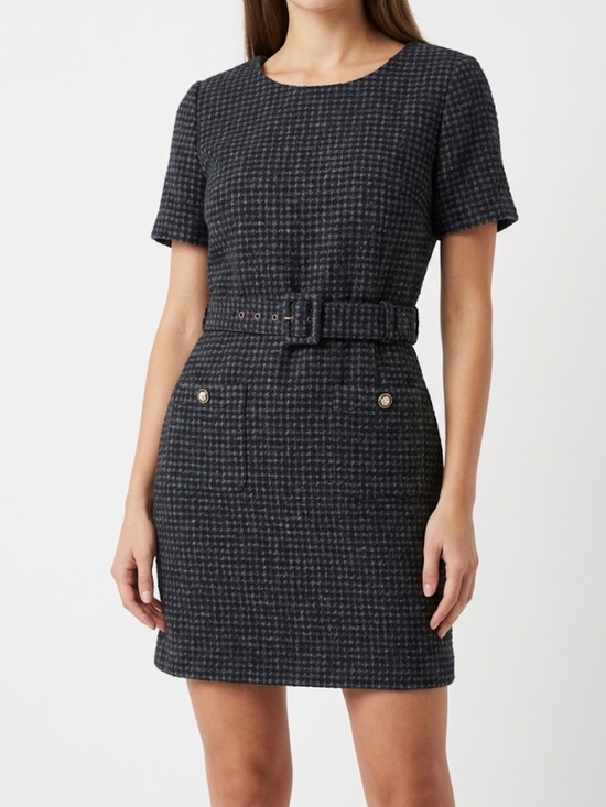 Marker Dresses & Skirts - Zara NWT Belted Tweed Mini Dress Large Navy Gray Textured Short Sleeve